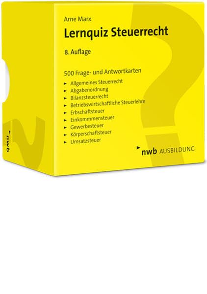 Lernquiz Steuerrecht: 500 Lernkarten mit Fragen und Antworten. Allgemeines Steuerrecht.Abgabenordnung. Bilanzsteuerrecht. Betriebswirtschaftliche ... Körperschaftsteuer. Umsatzsteuer. Law