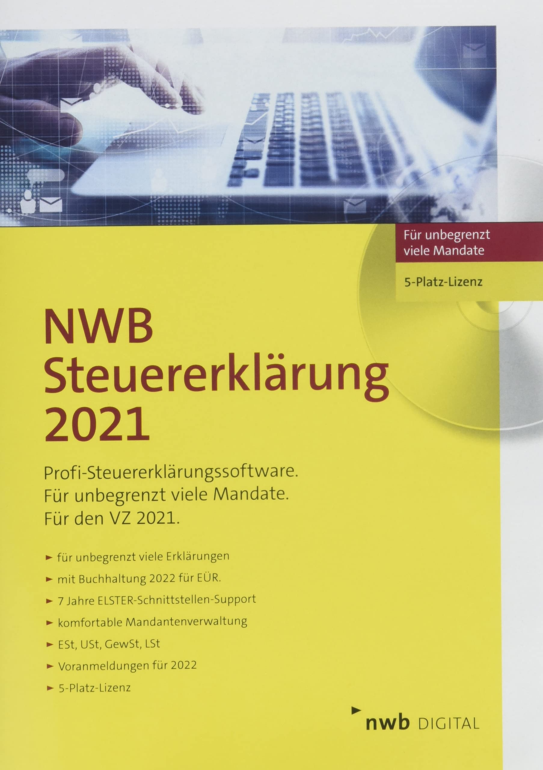 NWB Steuererklärung 2021 - 5-Platz-Lizenz: Profi-Steuererklärungssoftware für unbegrenzt viele Erklärungen. Für den VZ 2021. Mit Buchführung 2022 für ... Elster-Schnittstelleen-Support. CD-Version. Law