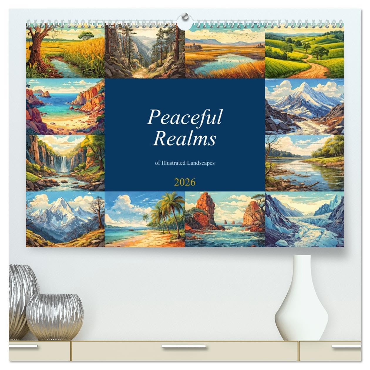 Peaceful Realms of Illustrated Landscapes (High Quality Premium Wall Calendar 2026 DIN A2 landscape),CALVENDO 12 Month Wall Calendar: Moments of Peace depicted in Bookish Scenes Film, Art & Culture