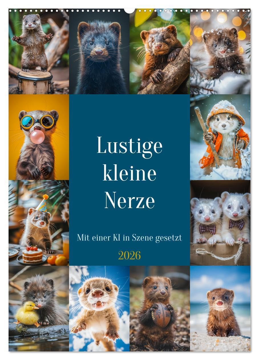 Lustige kleine Nerze (Wandkalender 2026 DIN A2 hoch), CALVENDO Monatskalender: Niedliche Wirbelwinde mit flinken Pfoten und frechem Charme, die stets für Überraschungen gut sind. (CALVENDO Tiere) Film, Art & Culture