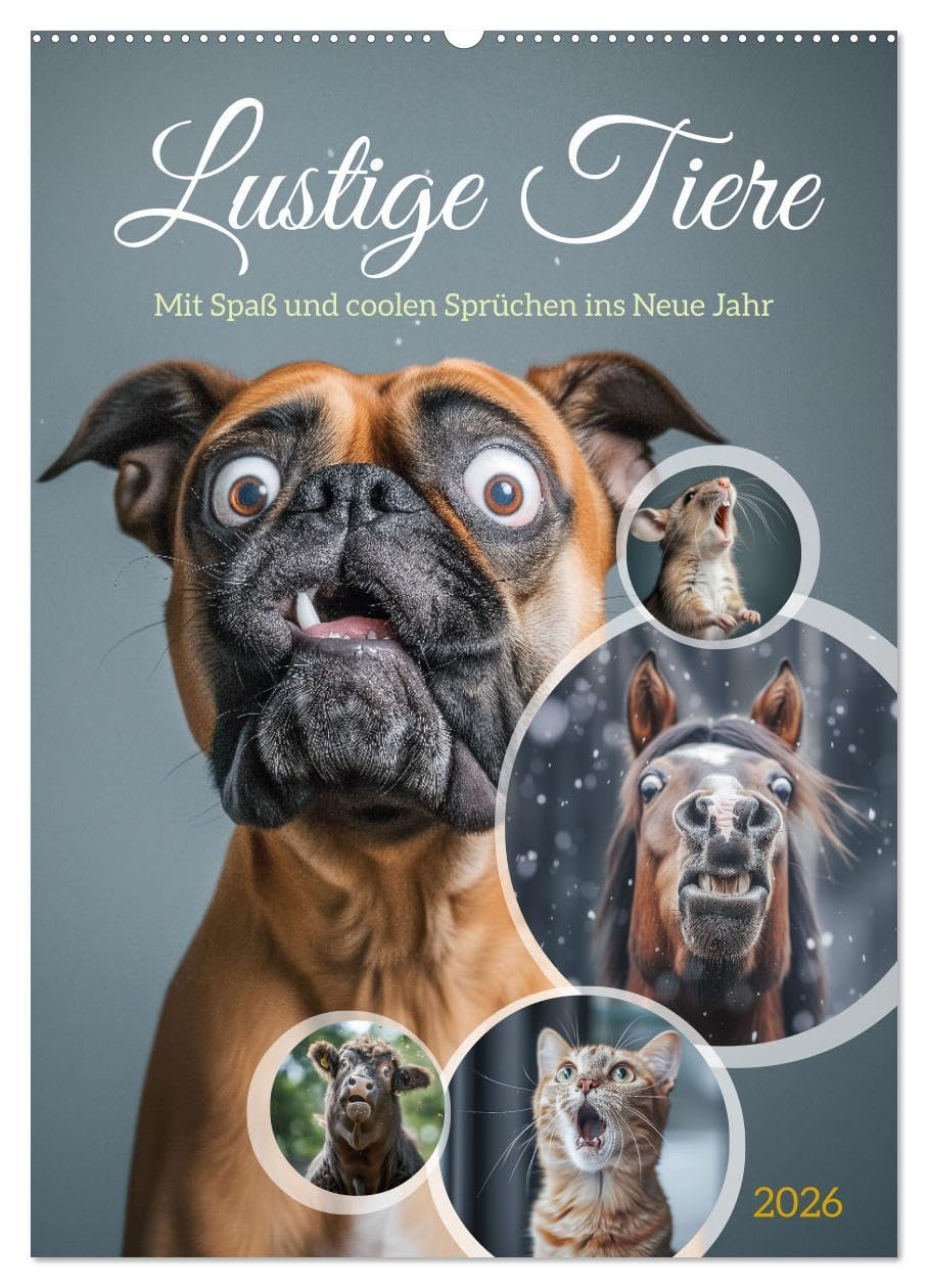 Lustige Tiere (Wandkalender 2026 DIN A2 hoch), CALVENDO Monatskalender: Diese bezaubernde Sammlung von Bildern zeigt eine Vielzahl von niedlichen und ... ins Gesicht zaubern werden. (CALVENDO Spass) Humour & Satire