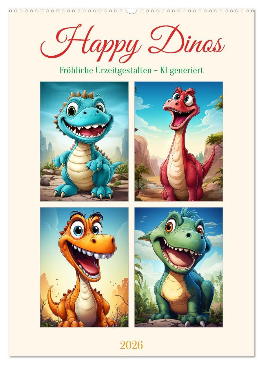 Happy Dinos (Wandkalender 2026 DIN A2 hoch), CALVENDO Monatskalender: Fröhliche Dinos - KI generierte Illustrationen der farbenfrohen Urzeitgestalten (CALVENDO Spass) Social Sciences