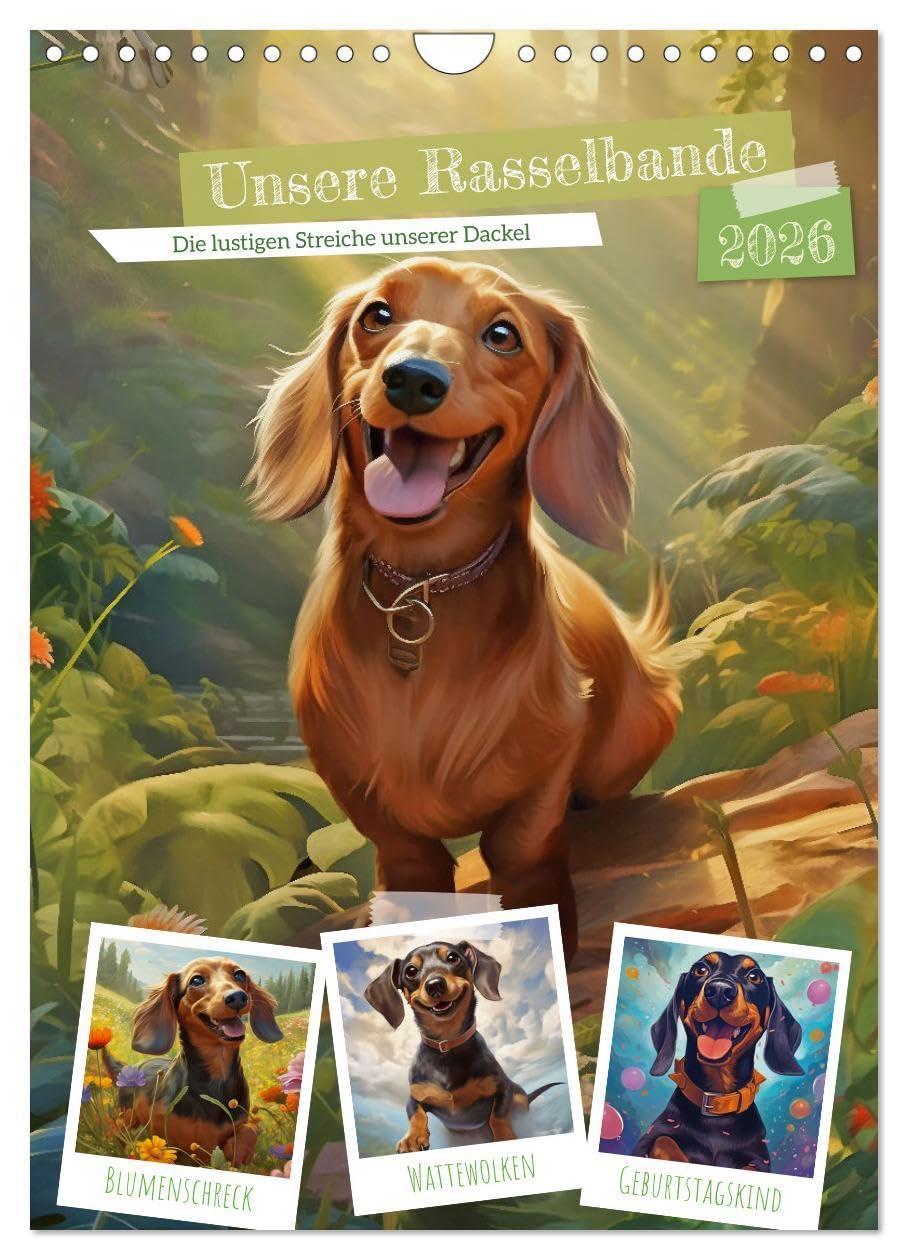 Unsere Rasselbande (Wandkalender 2026 DIN A4 hoch), CALVENDO Monatskalender: Dackel sind kleine aber sehr mutige und freundliche Gesellen mit einem robusten Körper und kurzen Beinen (CALVENDO Tiere) Lifestyle