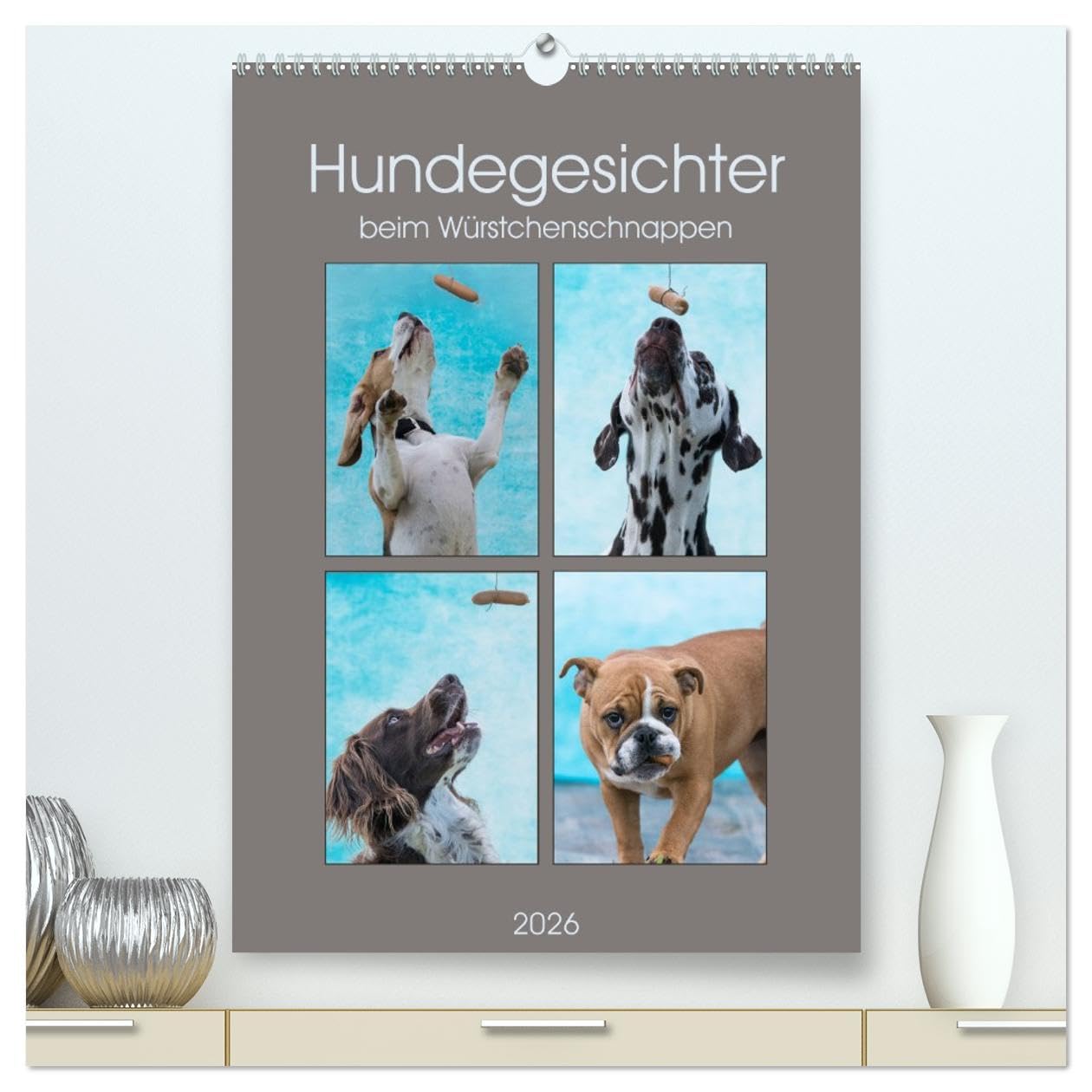 Hundegesichter beim Würstchenschnappen (hochwertiger Premium Wandkalender 2026 DIN A2 hoch), Kunstdruck in Hochglanz: Witzige Hundeportraits beim Versuch ein Würstchen zu fangen. (CALVENDO Tiere) Natural Sciences