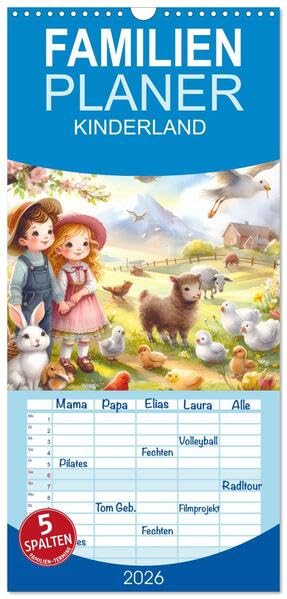 Familienplaner 2026 - KINDERLAND mit 5 Spalten (Wandkalender, 21 x 45 cm) CALVENDO: Farbenfrohe Landschaftsaqurelle mit Kindern (CALVENDO Menschen) Photography