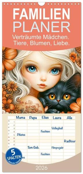 Familienplaner 2026 - Verträumte Mädchen. Tiere, Blumen, Liebe. mit 5 Spalten (Wandkalender, 21 x 45 cm) CALVENDO: Zauberhafte Momente inmitten von Blumen und mit Tieren (CALVENDO Tiere) Film, Art & Culture