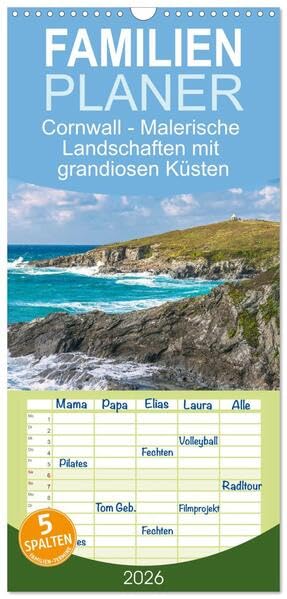 Familienplaner 2026 - Cornwall - Malerische Landschaften mit grandiosen Küsten mit 5 Spalten (Wandkalender, 21 x 45 cm) CALVENDO: Zwischen rauer Küste ... im Südwesten Englands (CALVENDO Orte) Leisure, Home & Garden