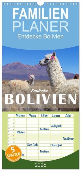 Familienplaner 2026 - Entdecke Bolivien mit 5 Spalten (Wandkalender, 21 x 45 cm) CALVENDO: Bolivien - Zwischen Anden und Amazonas sind kaum mehr Kontraste möglich. (CALVENDO Orte) Leisure, Home & Garden