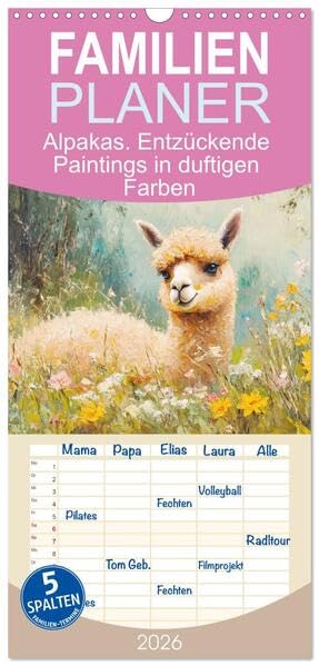 Familienplaner 2026 - Alpakas. Entzückende Paintings in duftigen Farben mit 5 Spalten (Wandkalender, 21 x 45 cm) CALVENDO: Zauberhafte Alpakas in pastellfarbenen Ölbildern (CALVENDO Tiere) Film, Art & Culture