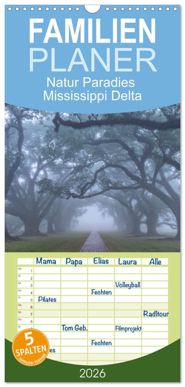 Familienplaner 2026 - Natur Paradies Mississippi Delta mit 5 Spalten (Wandkalender, 21 cm x 45 cm), CALVENDO Leisure, Home & Garden