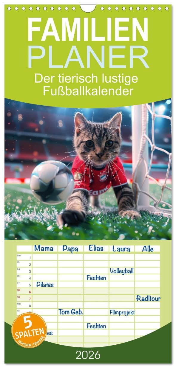 Familienplaner 2026 - Der tierisch lustige Fußballkalender mit 5 Spalten (Wandkalender, 21 cm x 45 cm), CALVENDO Leisure & Fun