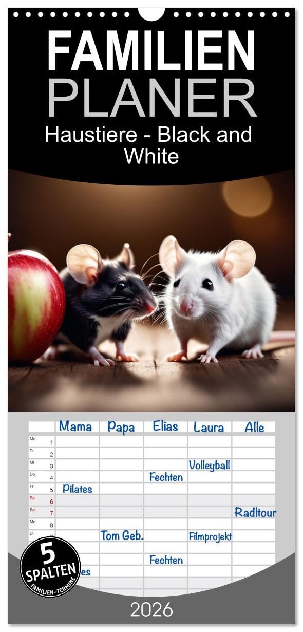 Familienplaner 2026 - Haustiere - Black and White mit 5 Spalten (Wandkalender, 21 cm x 45 cm), CALVENDO Natural Sciences