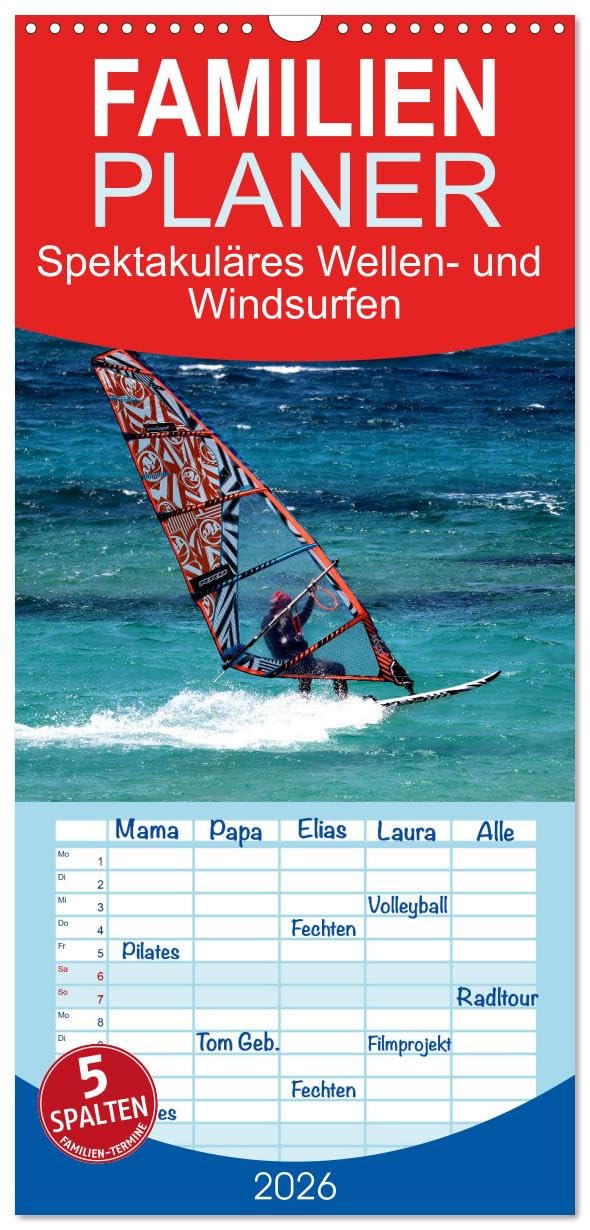 Familienplaner 2026 - Spektakuläres Wellen- und Windsurfen mit 5 Spalten (Wandkalender, 21 cm x 45 cm), CALVENDO Leisure & Fun
