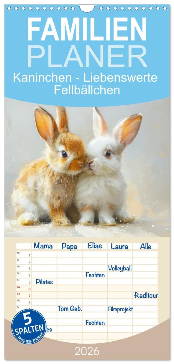 Familienplaner 2026 - Kaninchen - Liebenswerte Fellbällchen mit 5 Spalten (Wandkalender, 21 cm x 45 cm), CALVENDO Pets