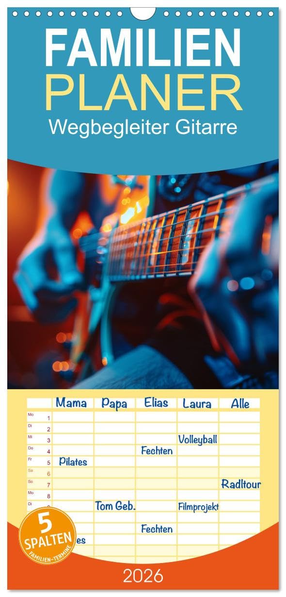 Familienplaner 2026 - Wegbegleiter Gitarre mit 5 Spalten (Wandkalender, 21 cm x 45 cm), CALVENDO Film, Art & Culture