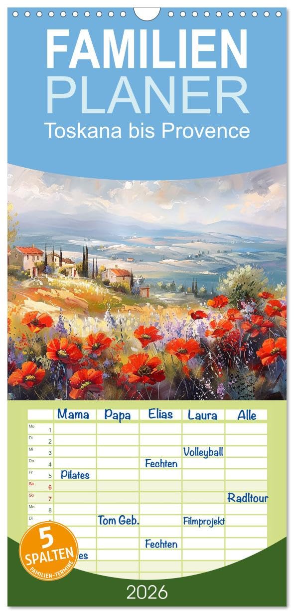 Familienplaner 2026 - Toskana bis Provence mit 5 Spalten (Wandkalender, 21 cm x 45 cm), CALVENDO Social Sciences