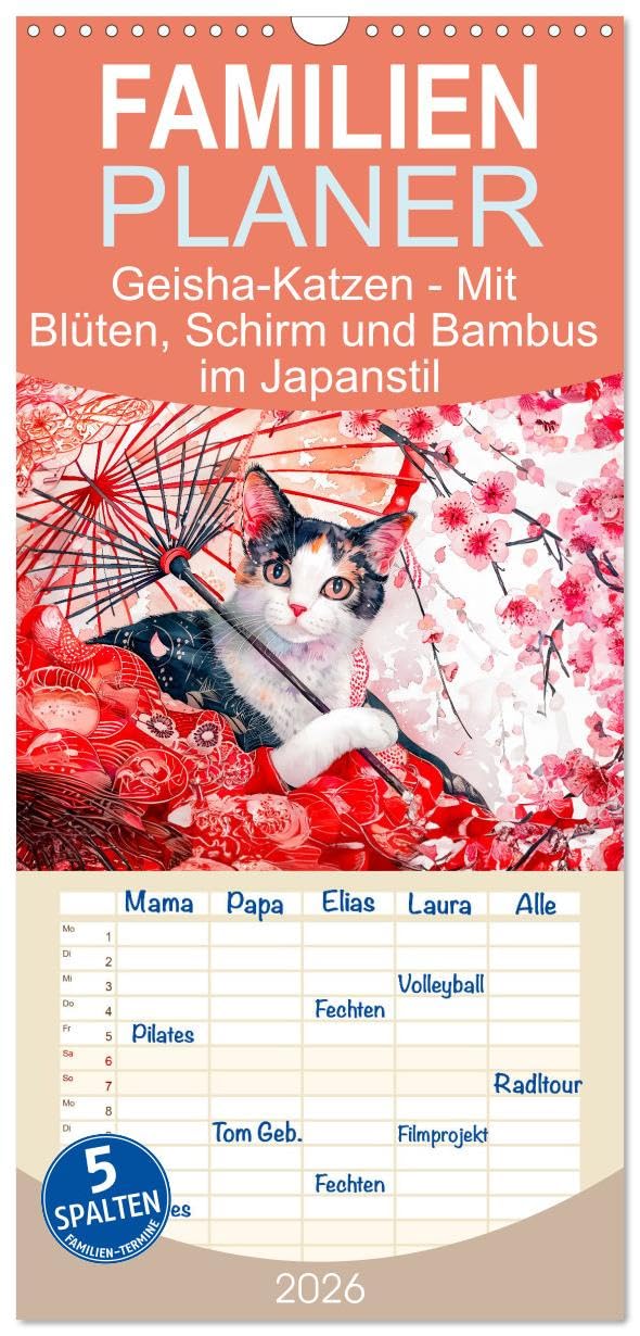 Familienplaner 2026 - Geisha-Katzen - Mit Blüten, Schirm und Bambus im Japanstil mit 5 Spalten (Wandkalender, 21 cm x 45 cm), CALVENDO Social Sciences