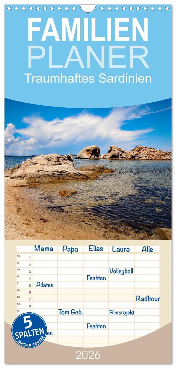 Familienplaner 2026 - Traumhaftes Sardinien mit 5 Spalten (Wandkalender, 21 cm x 45 cm), CALVENDO Leisure, Home & Garden