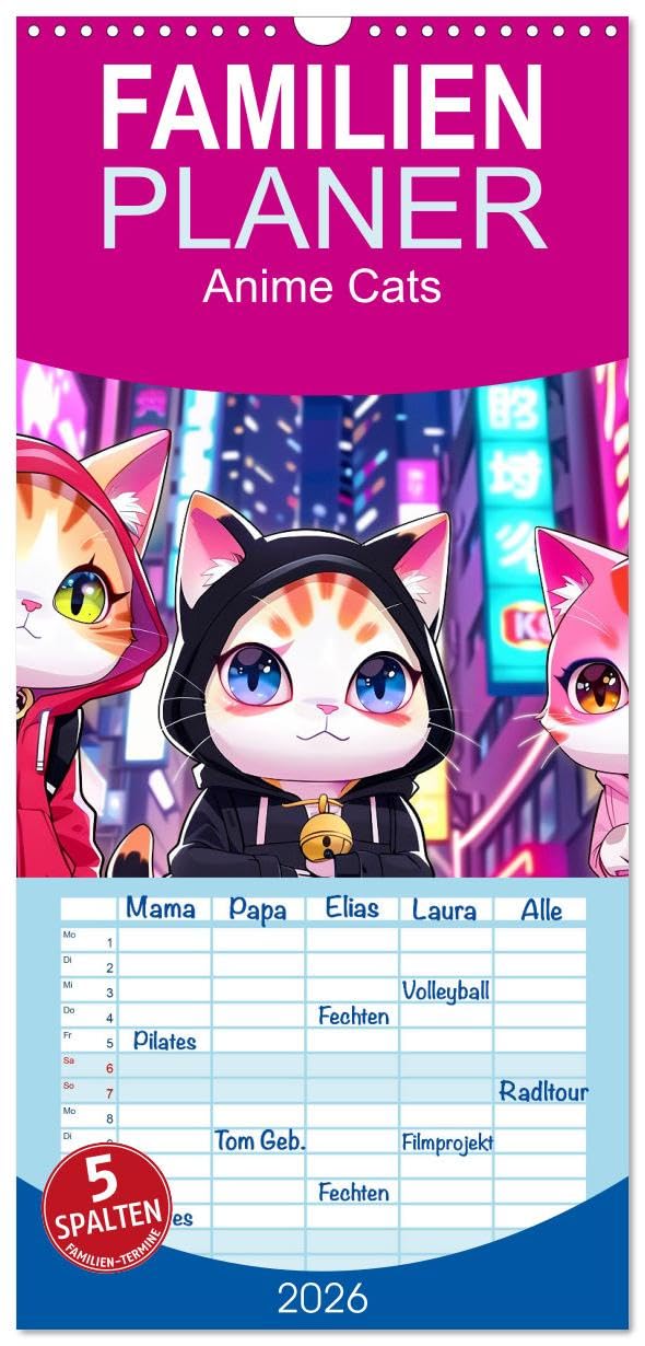 Familienplaner 2026 - Anime Cats mit 5 Spalten (Wandkalender, 21 cm x 45 cm), CALVENDO Social Sciences