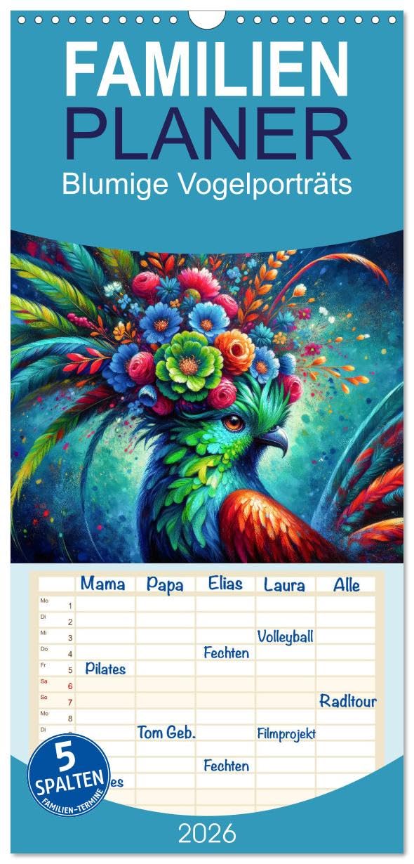 Familienplaner 2026 - Blumige Vogelporträts mit 5 Spalten (Wandkalender, 21 cm x 45 cm), CALVENDO Lifestyle