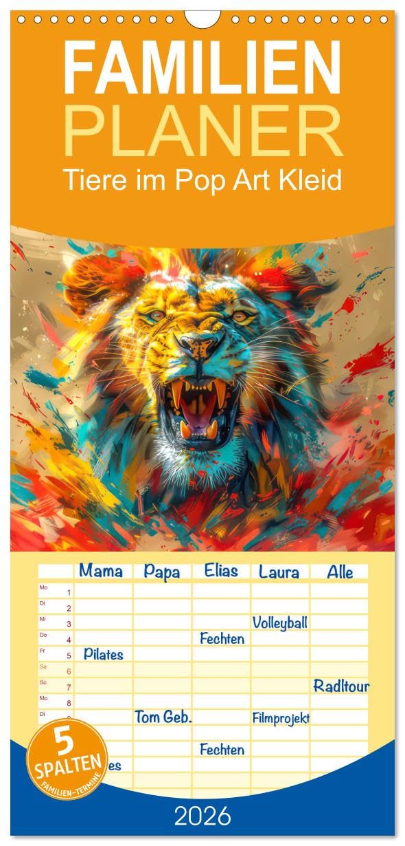 Familienplaner 2026 - Tiere im Pop Art Kleid mit 5 Spalten (Wandkalender, 21 cm x 45 cm), CALVENDO Natural Sciences