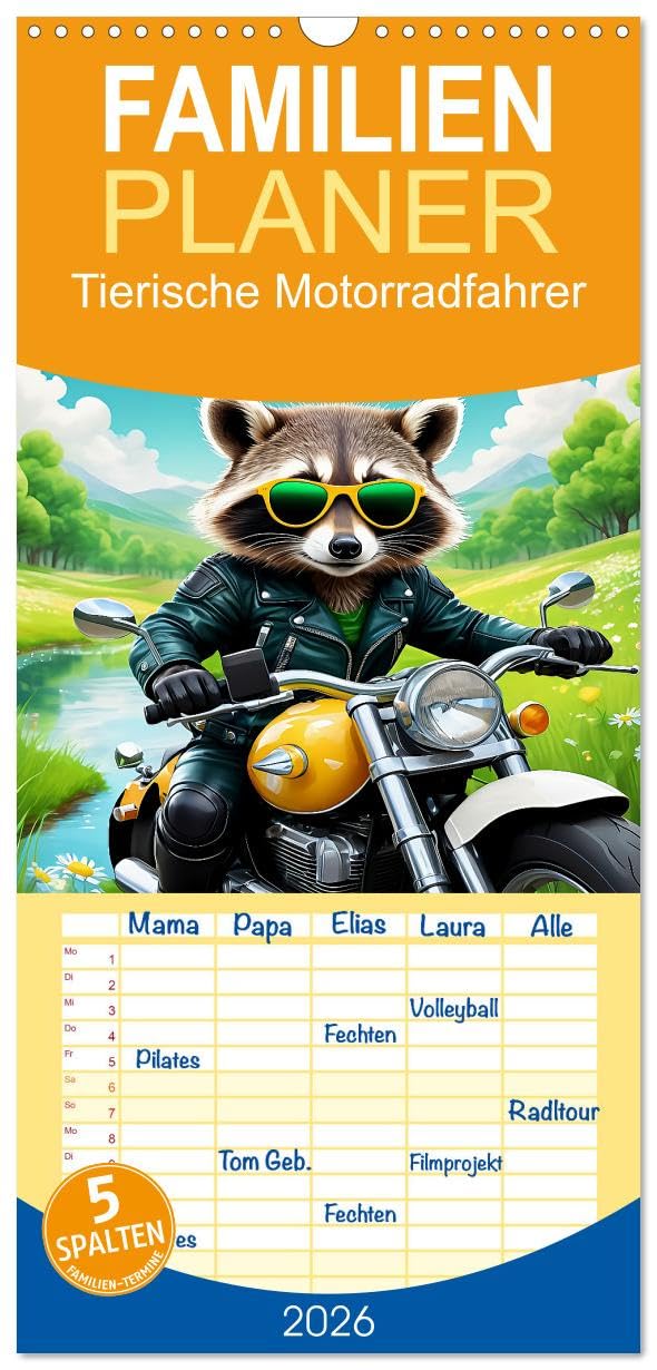 Familienplaner 2026 - Tierische Motorradfahrer mit 5 Spalten (Wandkalender, 21 cm x 45 cm), CALVENDO Business & Technology