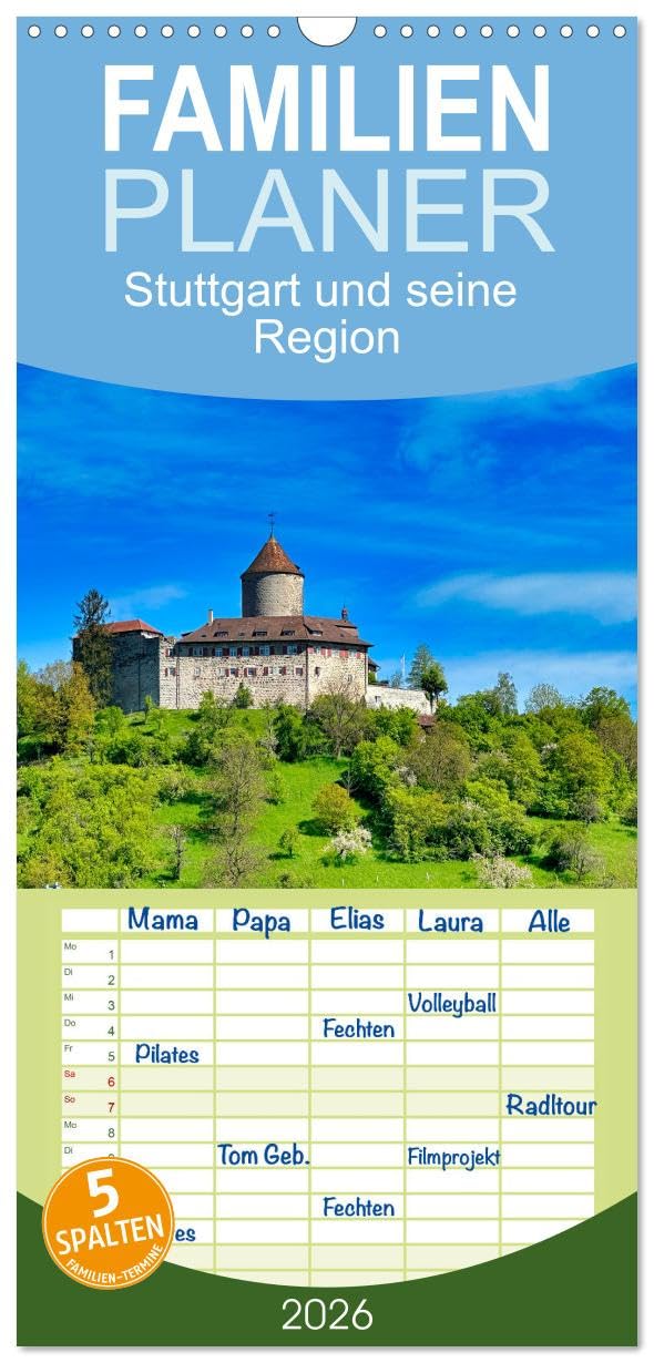 Familienplaner 2026 - Stuttgart und seine Region mit 5 Spalten (Wandkalender, 21 cm x 45 cm), CALVENDO Calendars