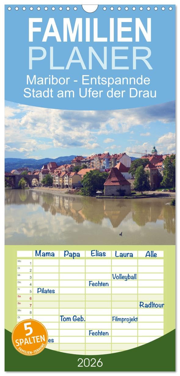 Familienplaner 2026 - Maribor - Entspannde Stadt am Ufer der Drau mit 5 Spalten (Wandkalender, 21 cm x 45 cm), CALVENDO Leisure, Home & Garden