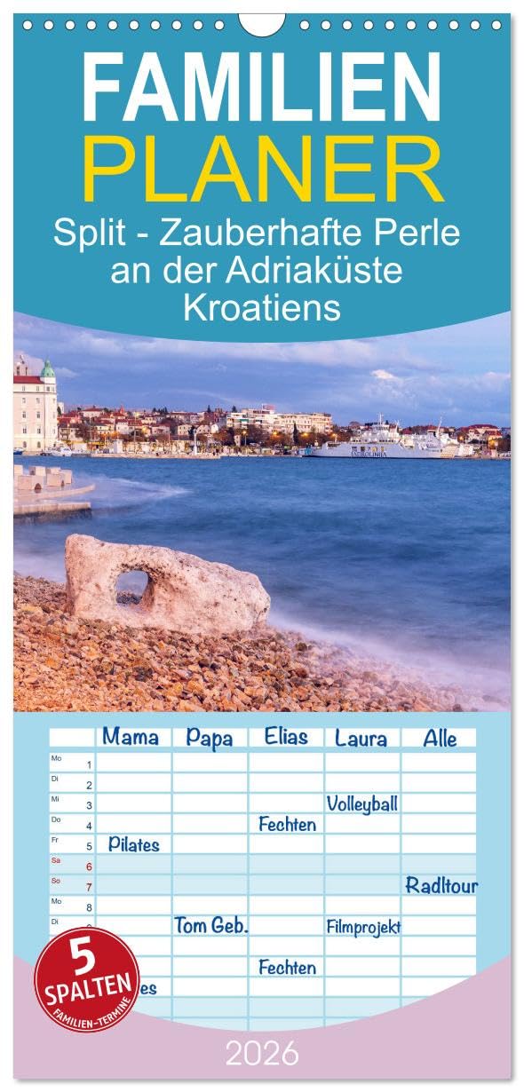 Familienplaner 2026 - Split - Zauberhafte Perle an der Adriaküste Kroatiens mit 5 Spalten (Wandkalender, 21 cm x 45 cm), CALVENDO Film, Art & Culture