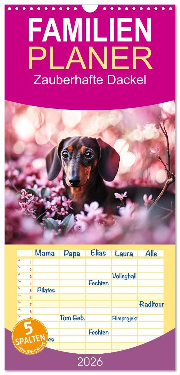 Familienplaner 2026 - Zauberhafte Dackel mit 5 Spalten (Wandkalender, 21 cm x 45 cm), CALVENDO Living & Furnishing