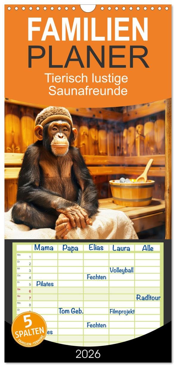 Familienplaner 2026 - Tierisch lustige Saunafreunde mit 5 Spalten (Wandkalender, 21 cm x 45 cm), CALVENDO Lifestyle
