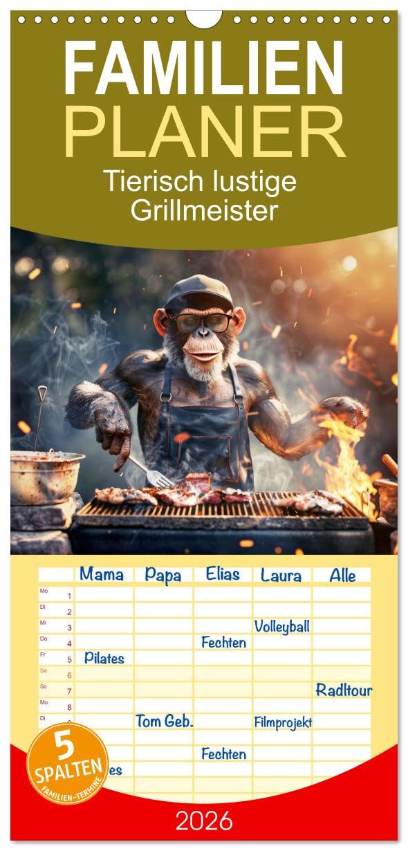 Familienplaner 2026 - Tierisch lustige Grillmeister mit 5 Spalten (Wandkalender, 21 cm x 45 cm), CALVENDO Natural Sciences