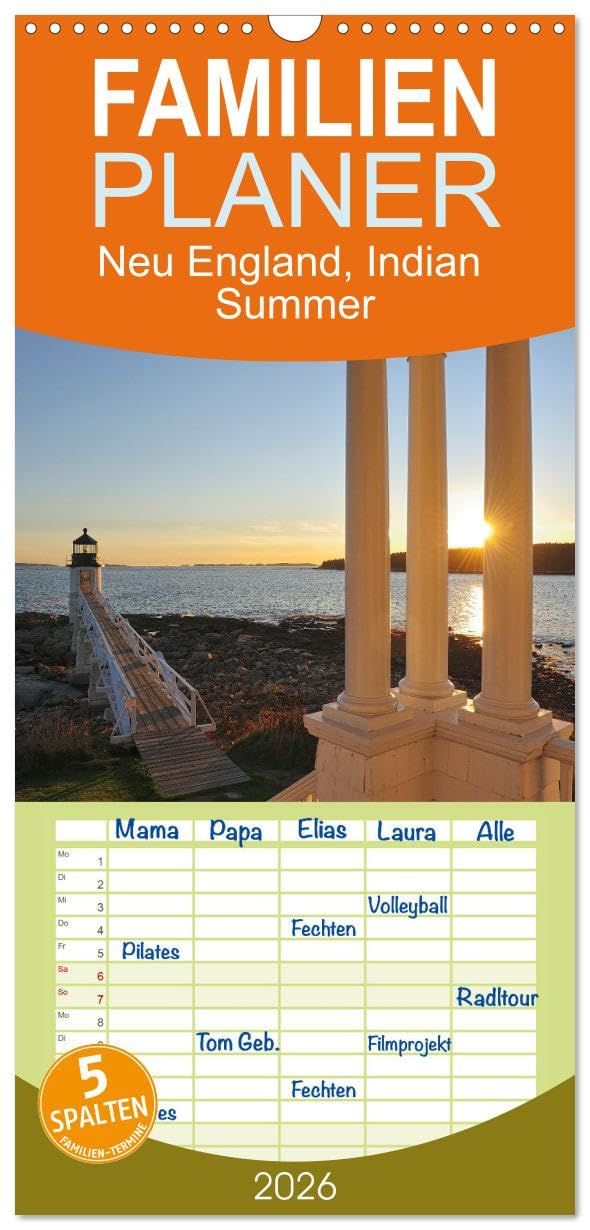 Familienplaner 2026 - Neu England, Indian Summer mit 5 Spalten (Wandkalender, 21 cm x 45 cm), CALVENDO Leisure, Home & Garden