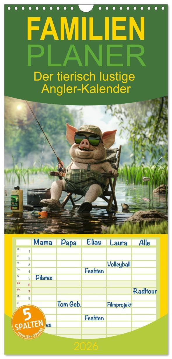 Familienplaner 2026 - Der tierisch lustige Angler-Kalender mit 5 Spalten (Wandkalender, 21 cm x 45 cm), CALVENDO Leisure, Home & Garden