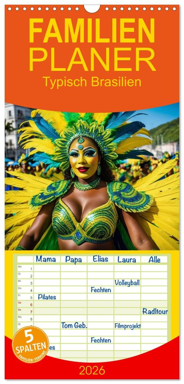 Familienplaner 2026 - Typisch Brasilien mit 5 Spalten (Wandkalender, 21 cm x 45 cm), CALVENDO Calendars