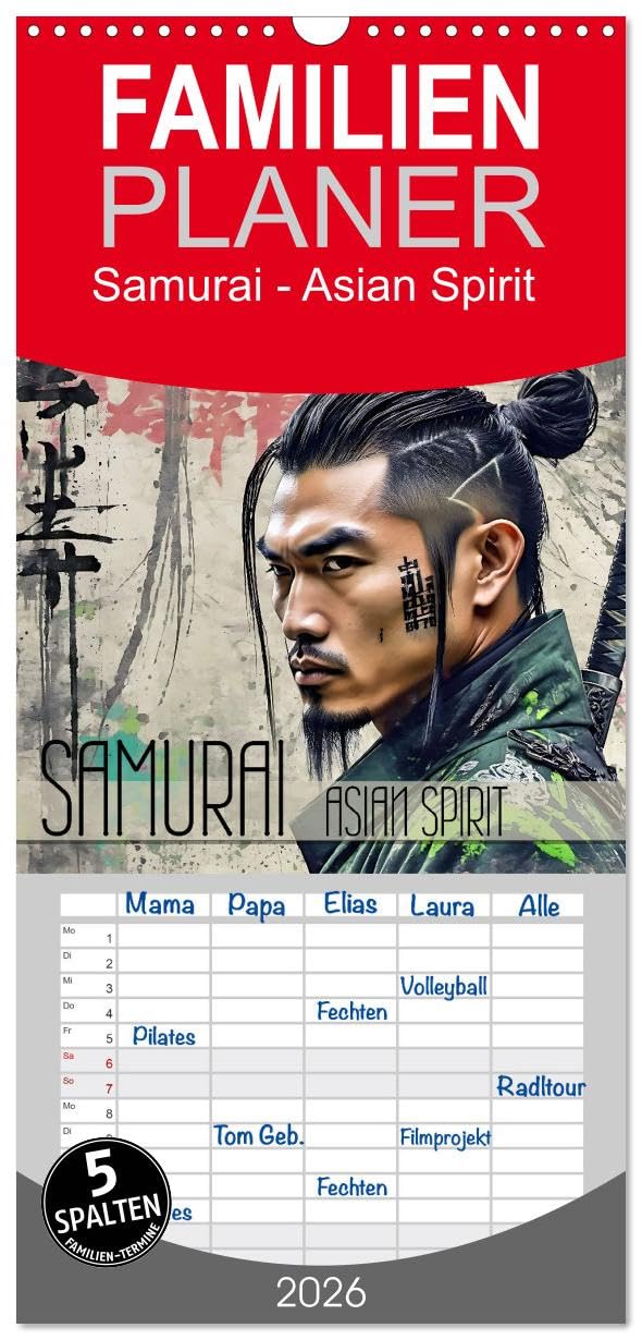 Familienplaner 2026 - Samurai - Asian Spirit mit 5 Spalten (Wandkalender, 21 cm x 45 cm), CALVENDO Lifestyle
