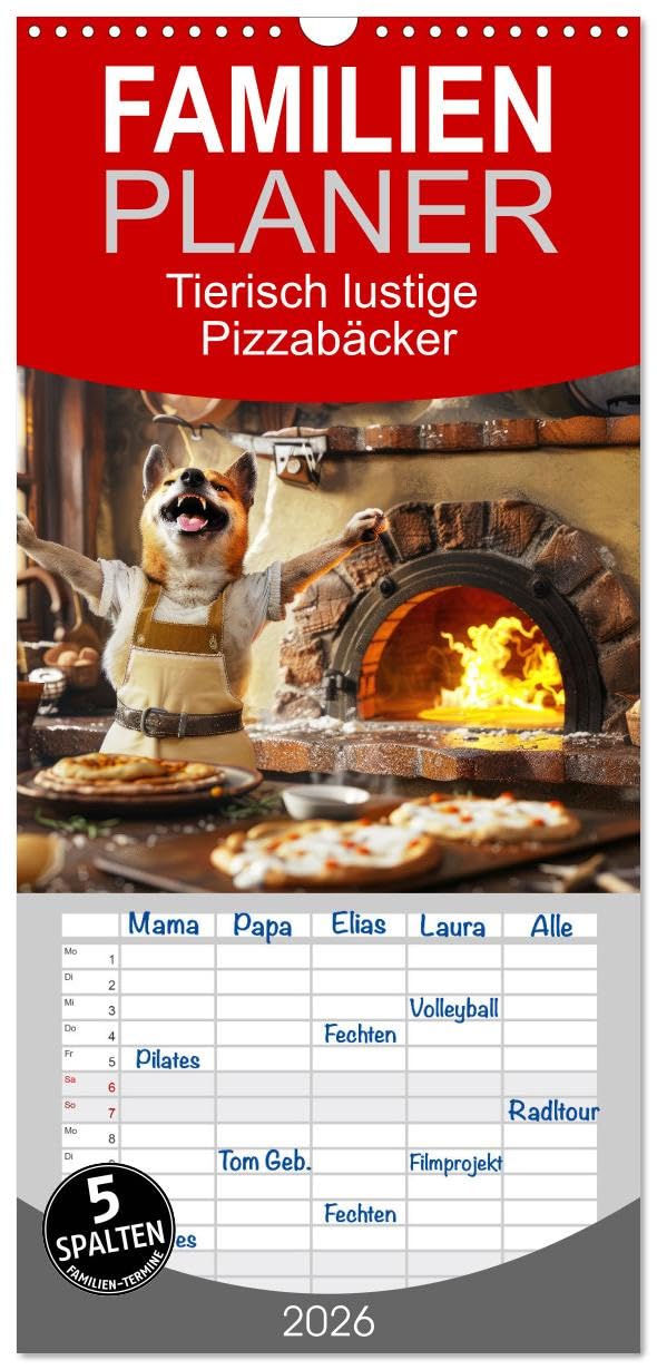Familienplaner 2026 - Tierisch lustige Pizzabäcker mit 5 Spalten (Wandkalender, 21 cm x 45 cm), CALVENDO Business, Finance & Career