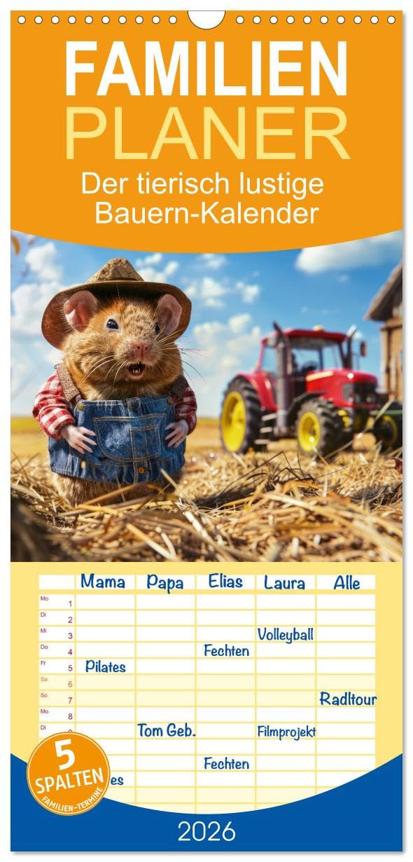 Familienplaner 2026 - Der tierisch lustige Bauern-Kalender mit 5 Spalten (Wandkalender, 21 cm x 45 cm), CALVENDO Film, Art & Culture