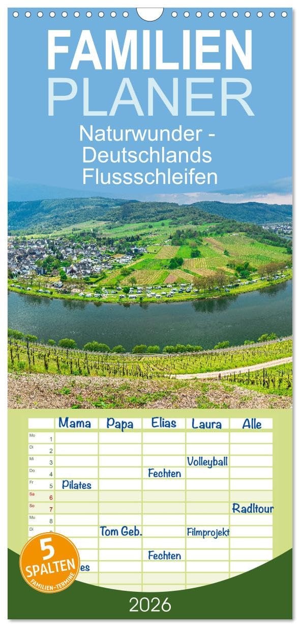 Familienplaner 2026 - Naturwunder - Deutschlands Flussschleifen mit 5 Spalten (Wandkalender, 21 cm x 45 cm), CALVENDO Leisure, Home & Garden