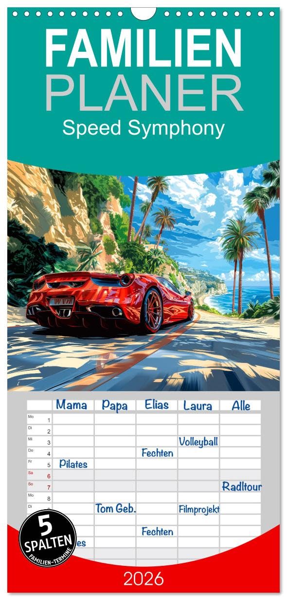 Familienplaner 2026 - Speed Symphony mit 5 Spalten (Wandkalender, 21 cm x 45 cm), CALVENDO Leisure & Fun