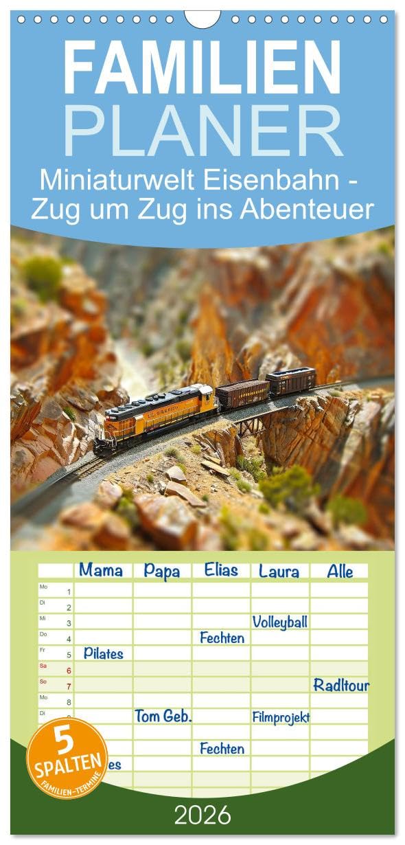 Familienplaner 2026 - Miniaturwelt Eisenbahn - Zug um Zug ins Abenteuer mit 5 Spalten (Wandkalender, 21 cm x 45 cm), CALVENDO Leisure, Home & Garden