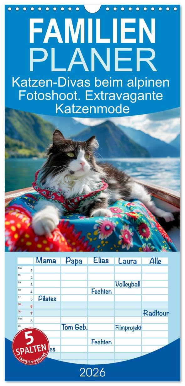Familienplaner 2026 - Katzen-Divas beim alpinen Fotoshoot. Extravagante Katzenmode mit 5 Spalten (Wandkalender, 21 cm x 45 cm), CALVENDO Living & Furnishing