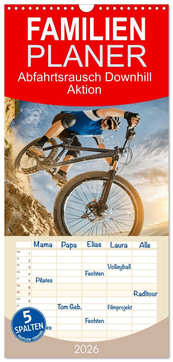 Familienplaner 2026 - Abfahrtsrausch Downhill Aktion mit 5 Spalten (Wandkalender, 21 cm x 45 cm), CALVENDO Living & Furnishing