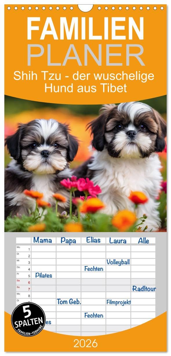 Familienplaner 2026 - Shih Tzu - der wuschelige Hund aus Tibet mit 5 Spalten (Wandkalender, 21 cm x 45 cm), CALVENDO Natural Sciences