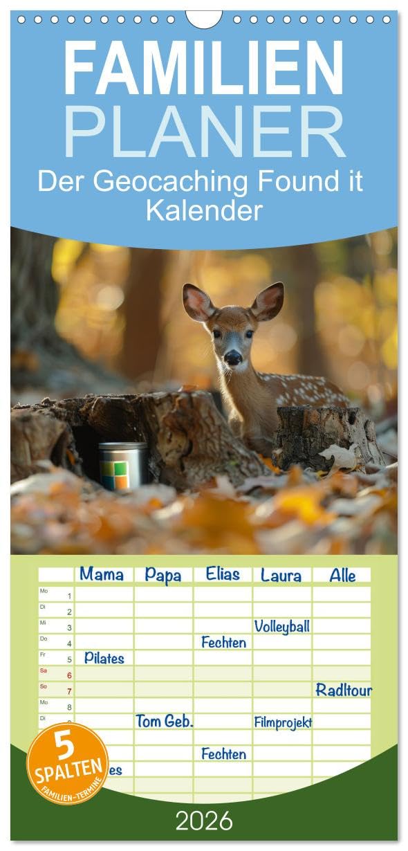 Familienplaner 2026 - Der Geocaching Found it Kalender mit 5 Spalten (Wandkalender, 21 cm x 45 cm), CALVENDO Film, Art & Culture