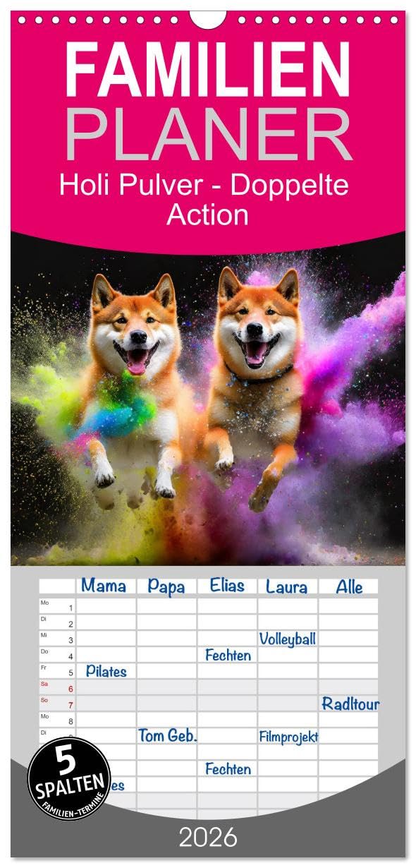 Familienplaner 2026 - Holi Pulver - Doppelte Action mit 5 Spalten (Wandkalender, 21 cm x 45 cm), CALVENDO Photography