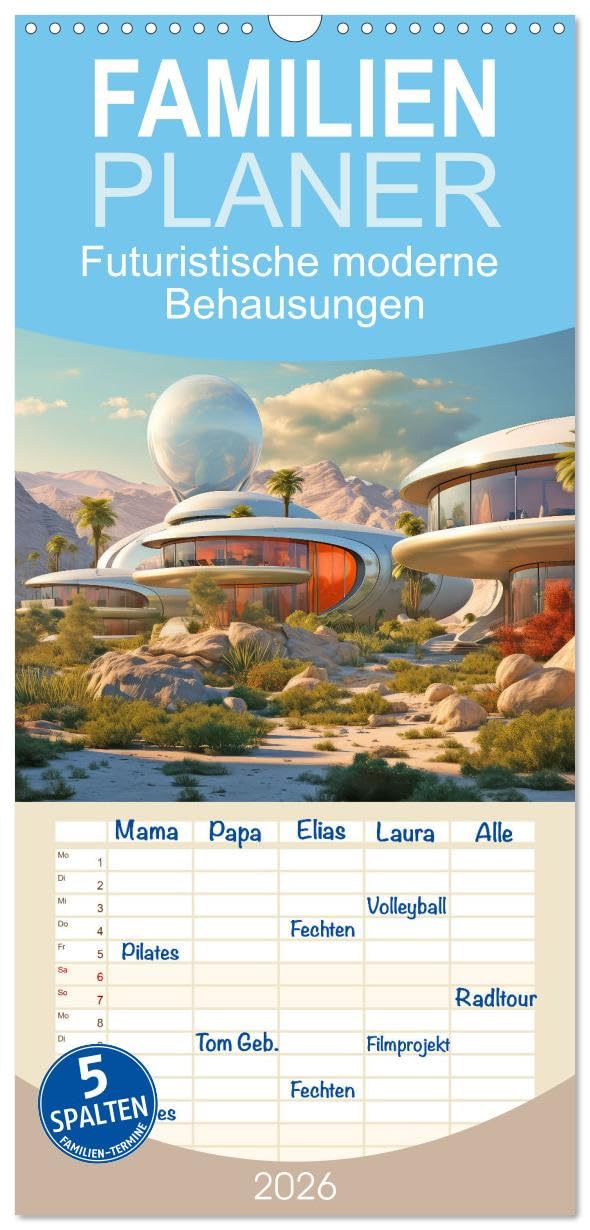 Familienplaner 2026 - Futuristische moderne Behausungen mit 5 Spalten (Wandkalender, 21 cm x 45 cm), CALVENDO Leisure, Home & Garden