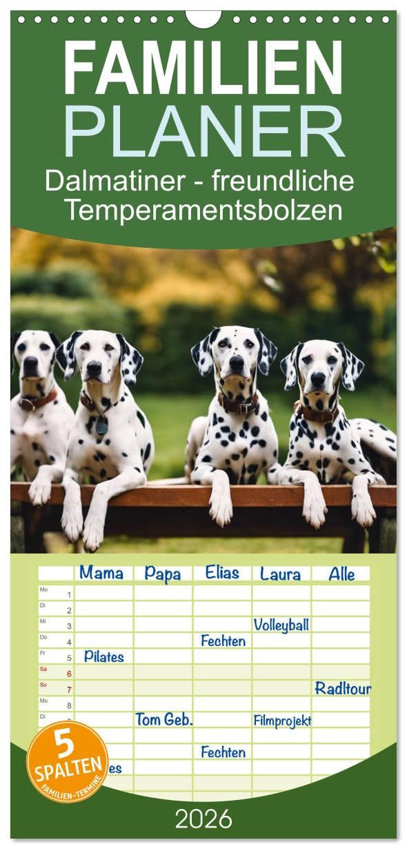 Familienplaner 2026 - Dalmatiner - freundliche Temperamentsbolzen mit 5 Spalten (Wandkalender, 21 cm x 45 cm), CALVENDO Natural Sciences