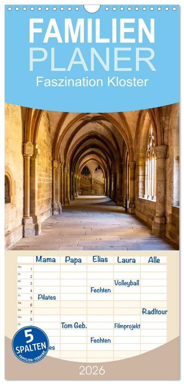 Familienplaner 2026 - Faszination Kloster mit 5 Spalten (Wandkalender, 21 cm x 45 cm), CALVENDO Leisure, Home & Garden
