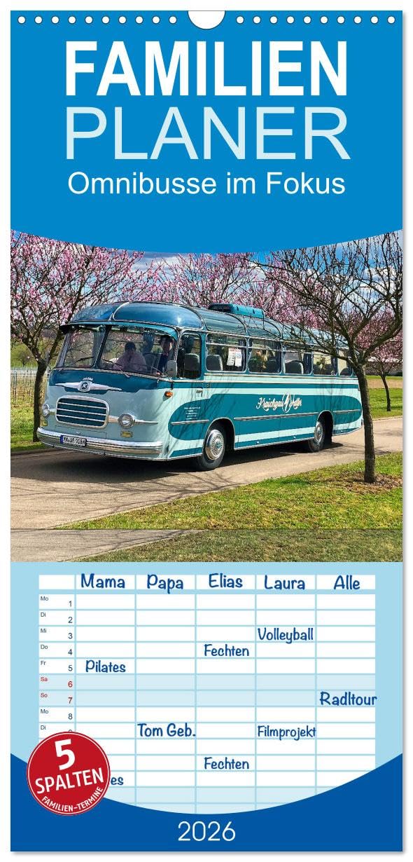 Familienplaner 2026 - Omnibusse im Fokus mit 5 Spalten (Wandkalender, 21 cm x 45 cm), CALVENDO Calendars